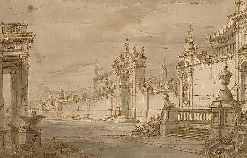 An architectural capriccio with the entrance to a palace