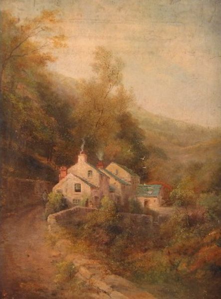 rural landscape with figures by a watermill
