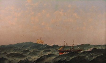 extensive seascape with steam and sailing boats in rough seas