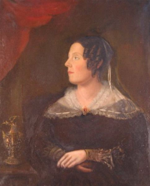 portrait of a lady, half length, depicted seated wearing black dress with white lace collar