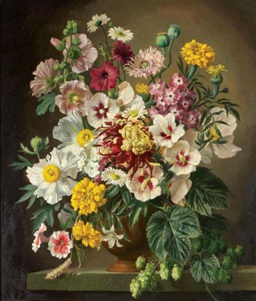 Autumn - an Elaborate Floral Still Life with Poppies, Chrysanthemum, Carnations, Phlox and Hollyhocks