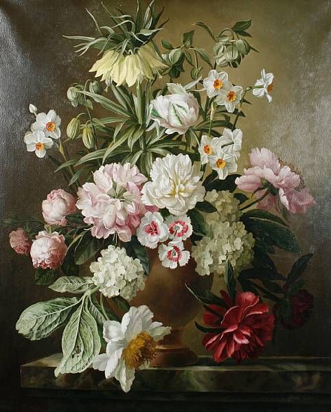A lily, peonies, narcissi and roses in a vase on a ledge