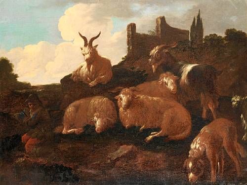 A shepherd and his flock before a landscape, a ruined building in the distance