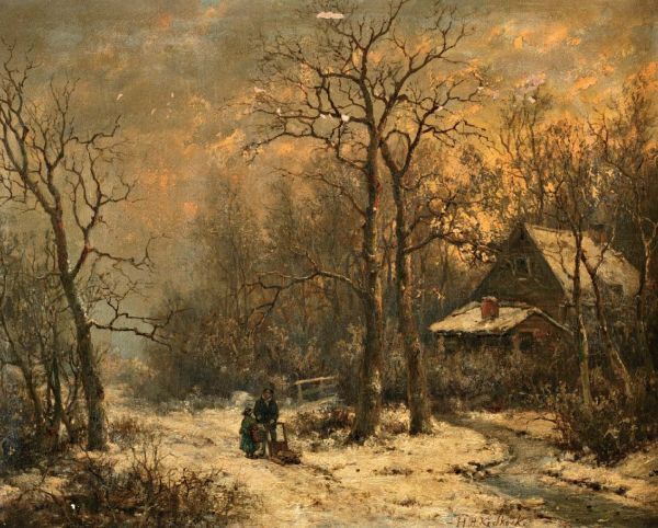 Figuren met duwslede in winters bos