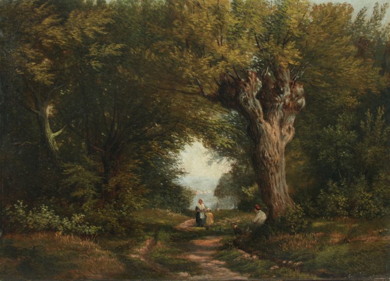 Landschaft mit Feldweg und rastenden Wanderern