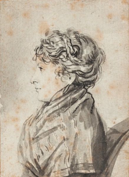 Portrait de madame Bazin de profil avec un châle Lavis de gris et de noir