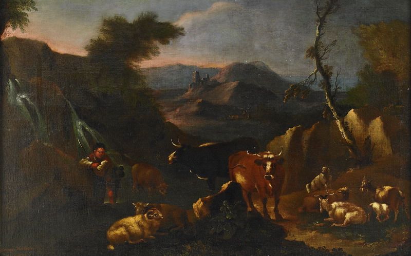 Pastoralt landskap med boskap och herde