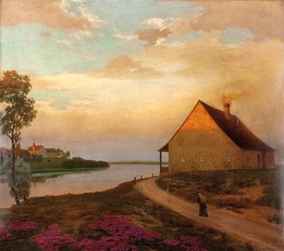 Heimkehrende Bäuerin zu einem am Fluss gelegenen Bauernhaus