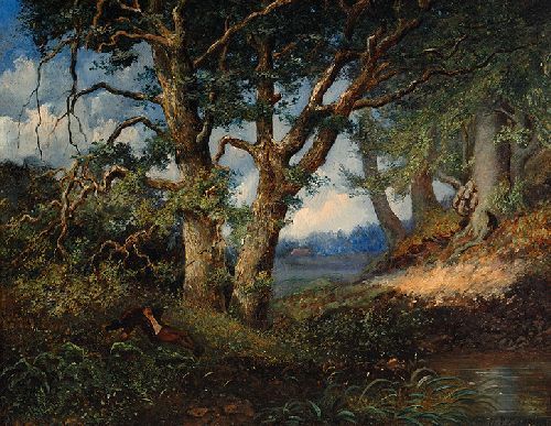 Resting figure in a forest landscape