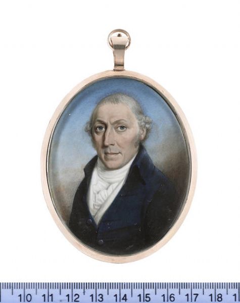 A Gentleman, wearing blue coat, white waistcoat, frilled chemise and stock.