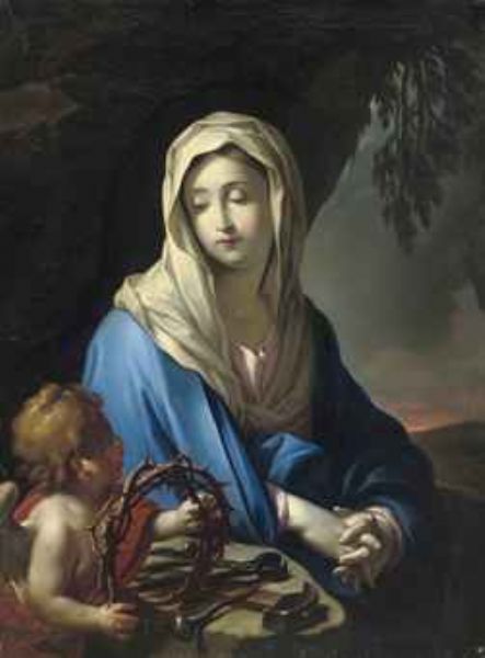 The Madonna, seated with an angel holding the Crown of Thorns, a landscape beyond