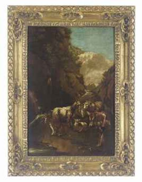 A mountainous landscape with a shepherd watering his flock