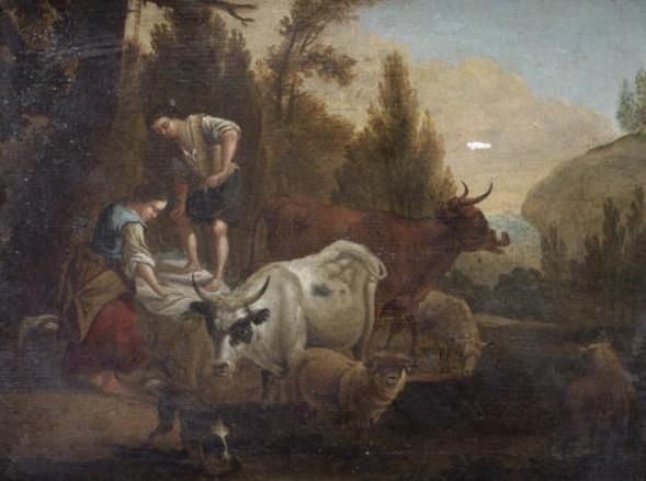 A shepherd and shepherdess washing at a river; and A herdsman grazing his cattle, a pair (2)