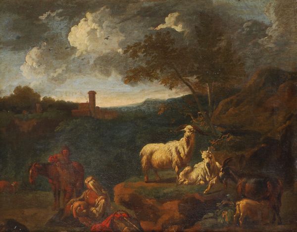 Shepherds and goats resting in a landscape