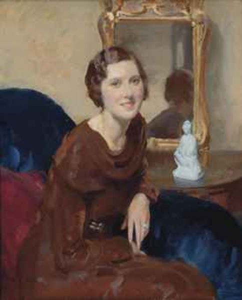 Portrait of a lady, seated, three-quarter-length, in a brown cowl neck dress