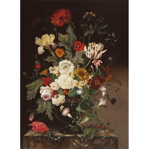 STILL LIFE OF TULIPS, IRISES, MORNING GLORIES, PASSION FLOWER, DAISIES AND OTHER SUMMER FLOWERS WITH FLIES, AND BUTTERFLIES ON A MARBLED LEDGE