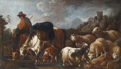 A shepherd and his flock at a watering place