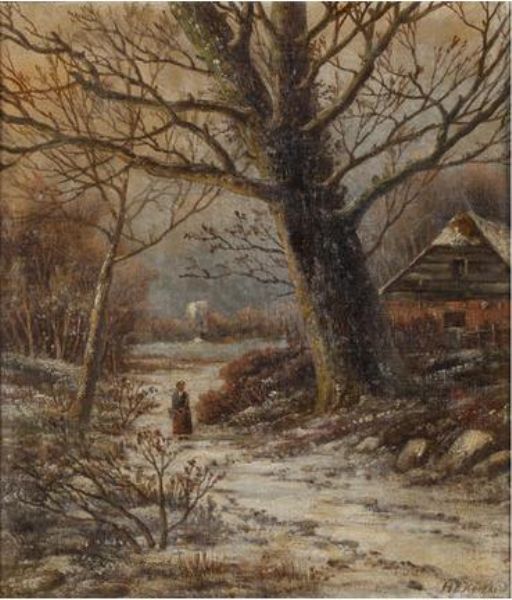 Winter woodland scene with figure on path