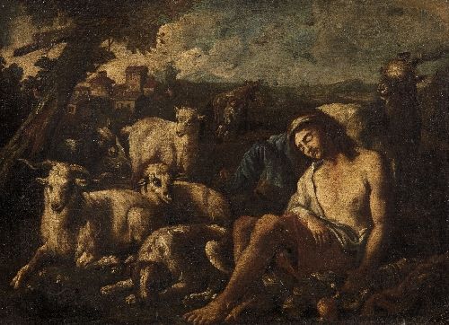 LANDSCAPE WITH SLEEPING SHEPHERDS AND THEIR HERD