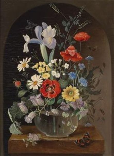 Flower Piece with a Glass Vase and Butterfly