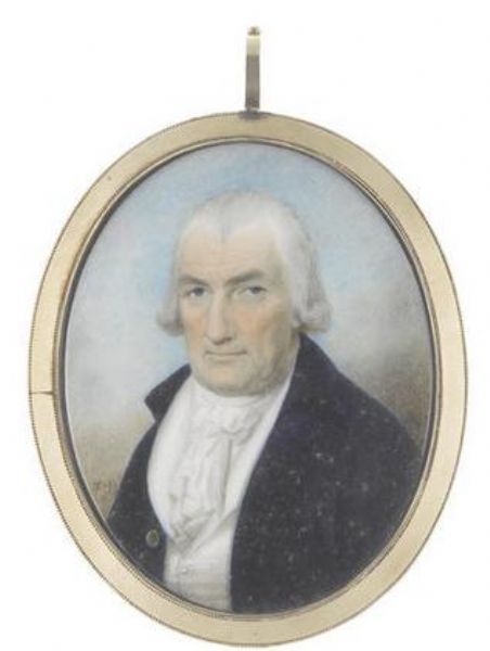 A Gentleman, wearing blue coat, white waistcoat, frilled chemise, stock and tied cravat, his hair powdered