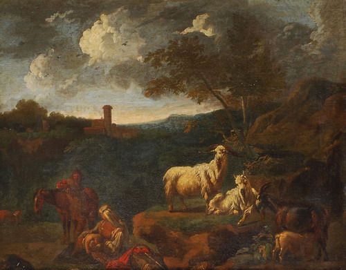 Follower of Philip Peter Roos, called Rosa da Tivoli Shepherds and goats resting in a landscape