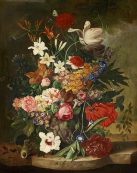Large Floral Still Life with Insects and a Chickadee