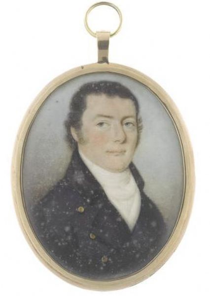 A Gentleman, wearing dark blue coat with black collar, white waistcoat, chemise, stock and cravat.