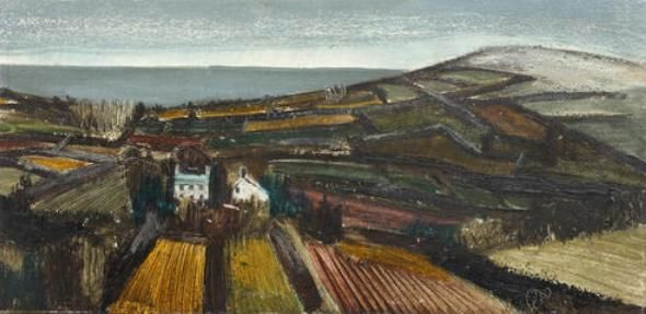 Rural cottages in a coastal landscape