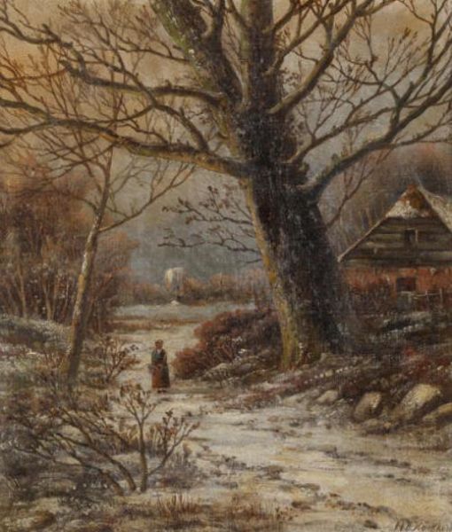 Winter woodland scene with figure on path