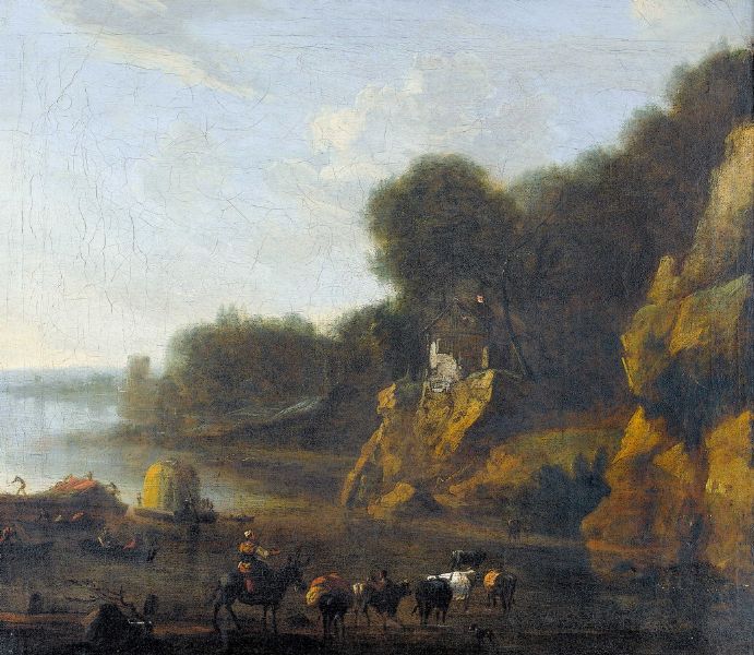 Idyllische Uferpartie mit Booten und Hirtin.