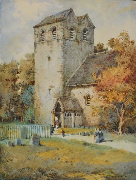 Figures approaching The Parish Church of St. Bartholomew, Fingest