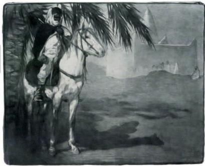 Cavalier arabe sous un palmier