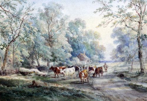 Cattle and drover on a lane near Ockley, Surrey