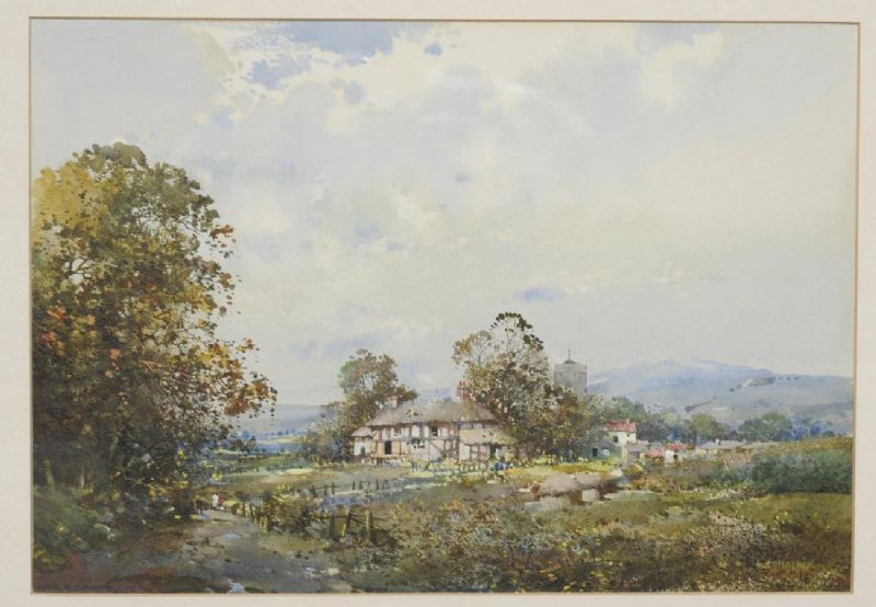 Thatched cottage in an open landscape with figures in the foreground