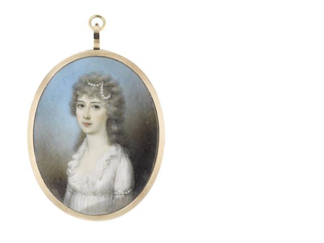 A Lady called, Mary Houghton Fielden, wearing white dress with frilled trim to her décollage and strands of pearls to her sleeves, her hair curled, powdered and dressed with a further strand of pearls.