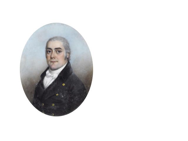 A Gentleman, wearing black coat, white waistcoat, chemise, stock and tied cravat, his hair lightly powdered.