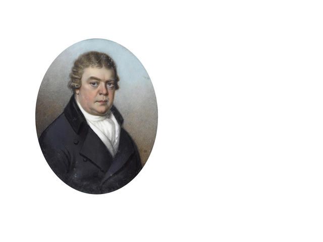 A Gentleman, wearing black coat, white waistcoat, chemise, stock and cravat, his natural wig worn en queue.