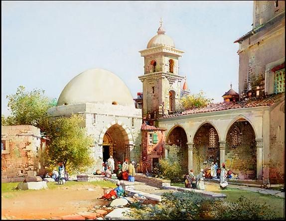 "Arab Mosque Exterior with Figures"