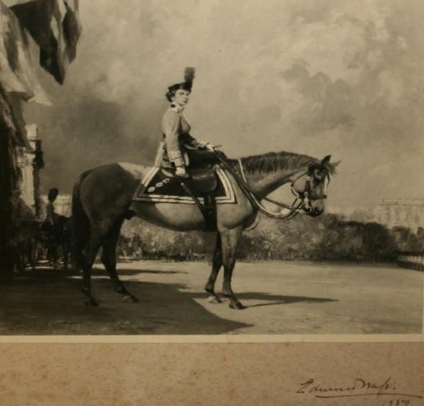 The Queen as Colonel in Chief of the Coldstream Guardsblack and white photograph,
