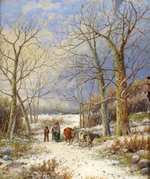 Shepherd and sheep by a barn; Family and cows in a winter landscape