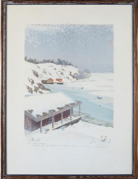 Skärgård med båthus om vintern.