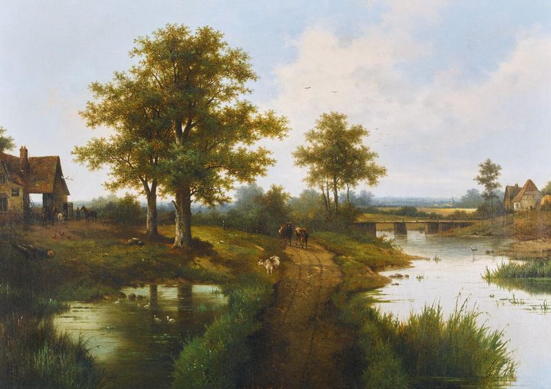 Ländliche Wegpartie am Fluss mit Kühen.