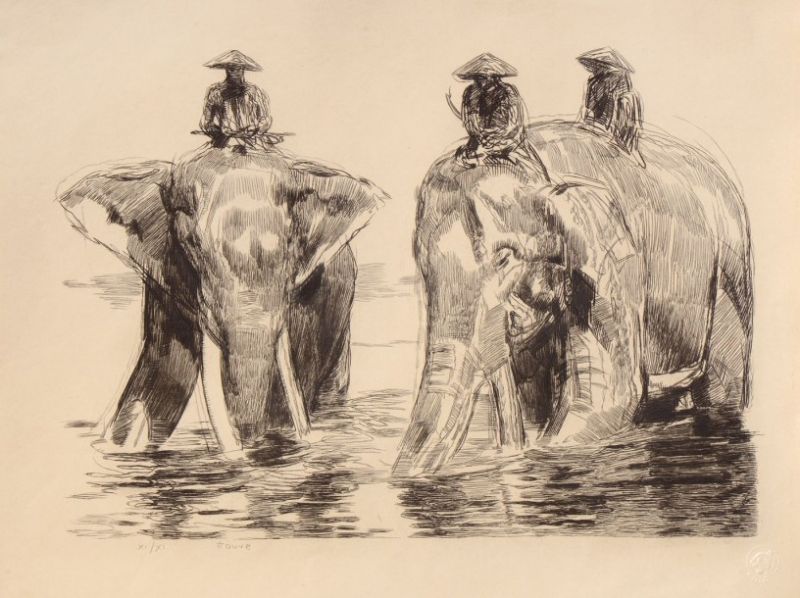 «Eléphants et leur cornacs» dite aussi «Eléphants au bain dans la rivière des parfums, à Hué»