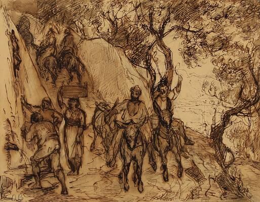 Travellers on a path in a southern landscape