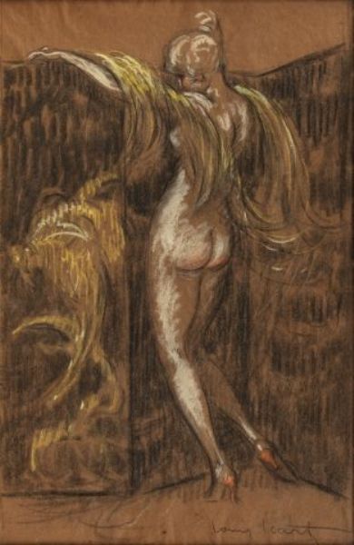 Femme nue en pied derrière un paravent