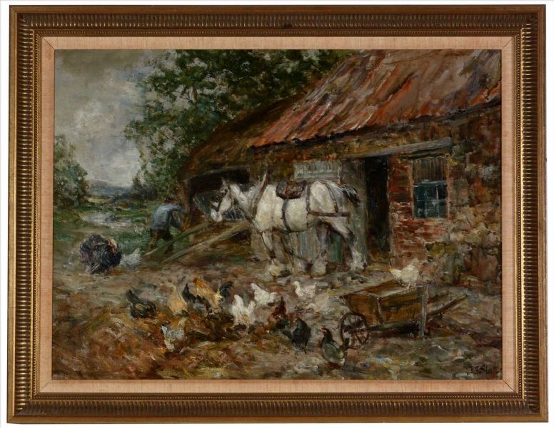 A farmyard scene with a carter harnessing a horse, poultry and a turkey in the foreground
