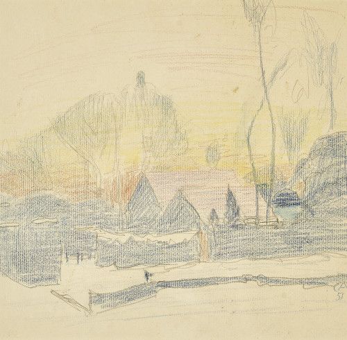 Landschaft mit Häusern.