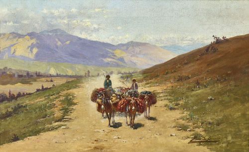 Turkmenische Händler auf Eseln.