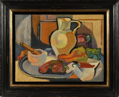 Nature morte aux poivrons, pichet et mortier